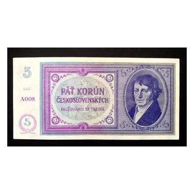 5 korun 1938 serie A 008 bez pretisku ve stavu Unc