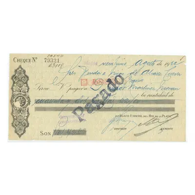 Argentina Banco Espanol Šek na 4222 peset 1922