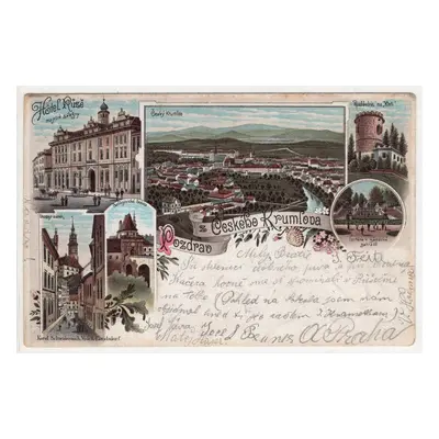 okres Český Krumlov. Hotel Růže. Rozhledna. 1898. Litografie.