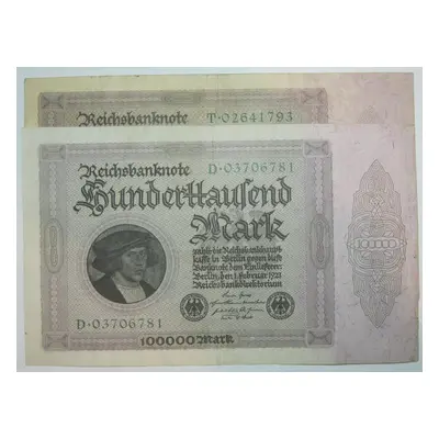 Dvě oběžné bankovky 100 000 reichsmark rok 1923