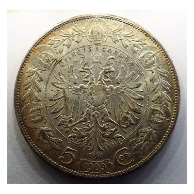 5 Koruna 1909 Schwartz B.z.-pěkná - Top Patina Ag 900/1000 36mm