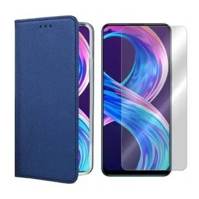 Flipové modré pouzdro Magnet tvrzené ochranné sklo pro Realme 8 Pro