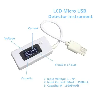 Lcd Micro Usb tester - měřič napětí proudu baterií a nabíjení Bílá