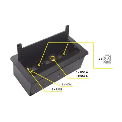 IN-LIGHT Vestavná výklopná zásuvka VARIANT černá broušená - 2x 230V + USB nab. A+C + HDMI + RJ45