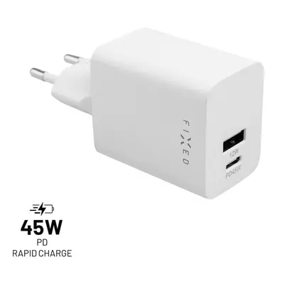 Síťová nabíječka FIXED Mini s USB-C a USB výstupem, podpora PD, 45W, bílá