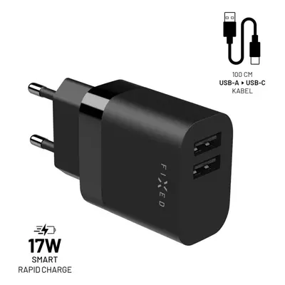 Set síťové nabíječky FIXED s 2xUSB výstupem a USB/USB-C kabelu, 1 metr, 17W Smart Rapid Charge, 