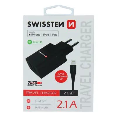 Swissten síťový adaptér smart ic 2x usb 2,1a power + datový kabel usb / lightning mfi 1,2 m čern