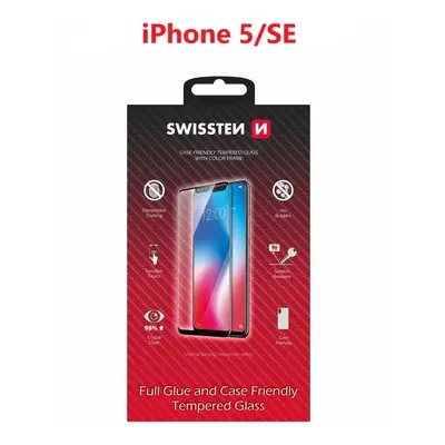 Sklo swissten full glue, color frame, case friendly apple iphone 5/se černé