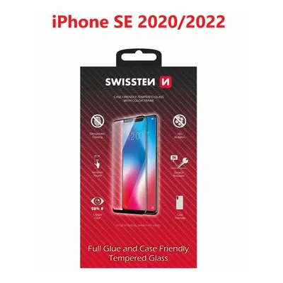 Sklo swissten full glue, color frame, case friendly apple iphone se 2020/se 2022 černé