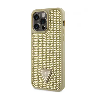 Zadní kryt Guess Rhinestones Triangle Metal Logo na iPhone 14 Pro Max zlatý