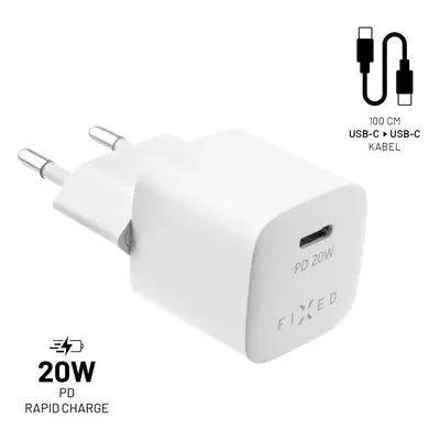 Set síťové nabíječky FIXED Mini s USB-C výstupem a USB-C/USB-C kabelu, podpora PD, 1 metr, 20W, 