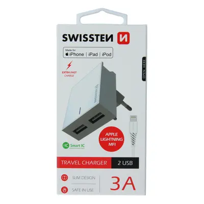 Swissten síťový adaptér smart ic 2x usb 3a power + datový kabel usb / lightning mfi 1,2 m bílý