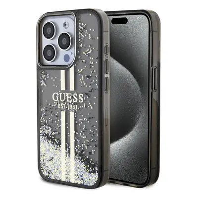 Guess PC/TPU Liquid Glitter Gold Stripe Zadní Kryt pro iPhone 15 Pro Black