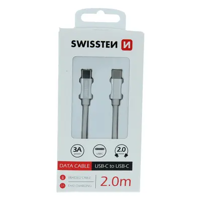 Datový kabel swissten textile usb-c / usb-c 2,0 m stříbrný