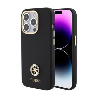 Guess Liquid Silicone 4G Strass Metal Logo Zadní Kryt pro iPhone 15 Pro Black