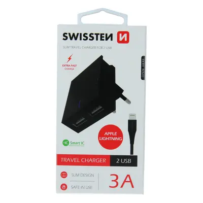 Swissten síťový adaptér smart ic 2x usb 3a power + datový kabel usb / lightning 1,2 m černý