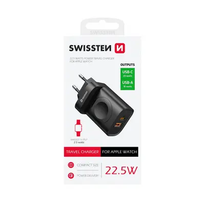 Adaptér Swissten s funkcí rychlonabíjení 1x USB-A, 1x USB-C a Apple Watch 20W černý