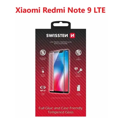 Sklo swissten full glue, color frame, case friendly xiaomi redmi note 9 černé