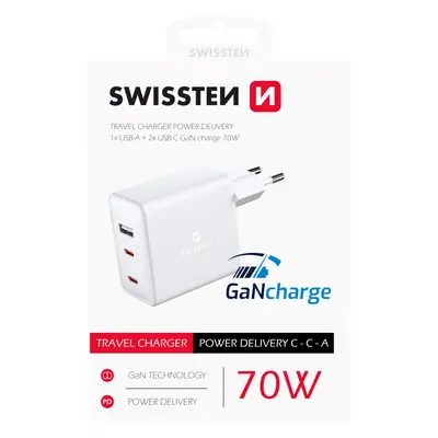 Swissten síťový adaptér gan 2x usb-c + 1xusb 70w