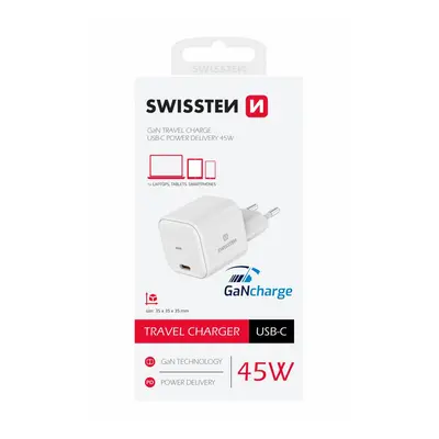 Cestovní adaptér Swissten Gan 1x USB-C s funkcí rychlonabíjení 45W bílý