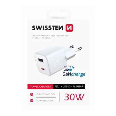 Swissten mini síťový adaptér gan 1x usb-c + 1xusb 30w power delivery