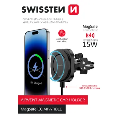 Magnetický držák do auta Swissten Magstick Compact s bezdrátovým nabíjením 15W (kompatibilní s m