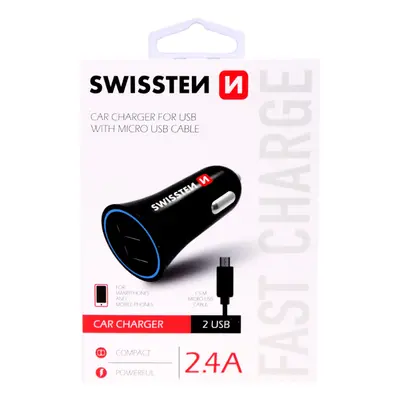 Nabíječka do auta Swissten 2.4A černá Dual + datový kabel microUSB