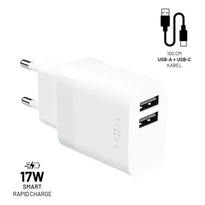 Set síťové nabíječky FIXED s 2xUSB výstupem a USB/USB-C kabelu, 1 metr, 17W Smart Rapid Charge, 