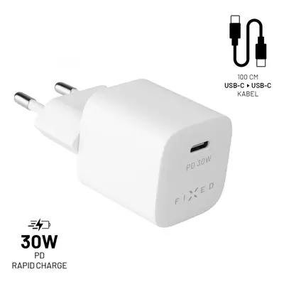 Set síťové nabíječky FIXED Mini s USB-C výstupem a USB-C/USB-C kabelu, podpora PD, 1 metr, 30W, 