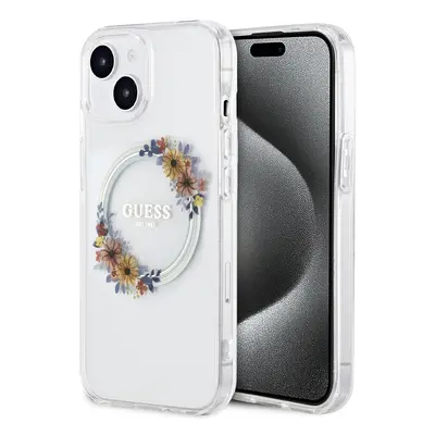 Guess PC/TPU Flowers Ring Glossy Logo MagSafe Zadní Kryt pro iPhone 15 Plus Transparent