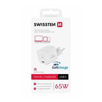 Cestovní adaptér Swissten Gan 1xUSB-C s funkcí rychlonabíjení 65W bílý