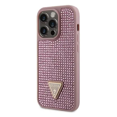 Zadní kryt Guess Rhinestones Triangle Metal Logo na iPhone 14 Pro růžový