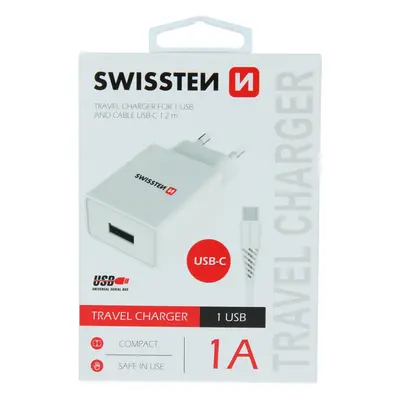 Swissten síťový adaptér smart ic 1x usb 1a power + datový kabel usb / type c 1,2 m bílý