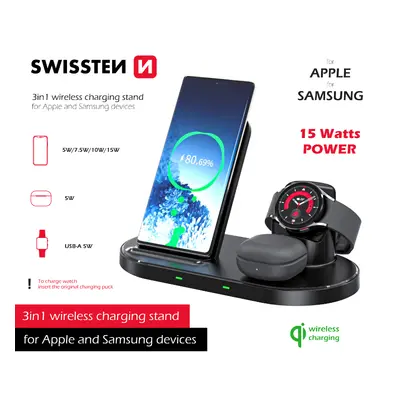 Swissten wireless nabíječka 3v1 stand pro apple a samsung černá