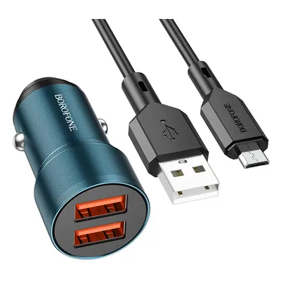 Nabíječka do auta Borofone BZ19 vč. microUSB datového kabelu Dual 12W modrá