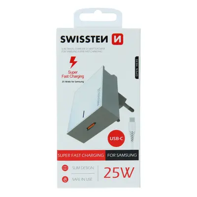 Swissten síťový adaptér pro samsung super fast charging 25w + datový kabel usb-c/usb-c 1,2 m bíl