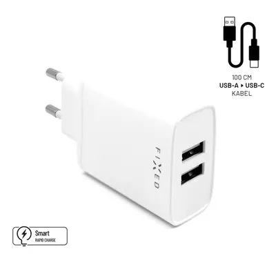 Set síťové nabíječky FIXED s 2xUSB výstupem a USB/USB-C kabelu, 1 metr, 15W Smart Rapid Charge, 