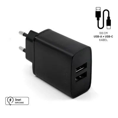 Set síťové nabíječky FIXED s 2xUSB výstupem a USB/USB-C kabelu, 1 metr, 15W Smart Rapid Charge, 