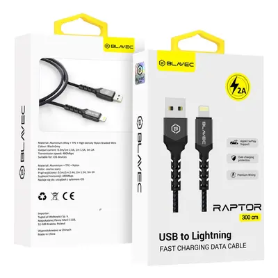 Datový kabel Blavec Raptor Braided - USB na Lightning - 2A 3m (CRA-UL2BG30) černo-šedý