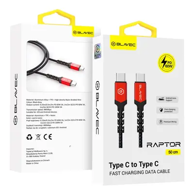 Datový kabel Blavec Raptor Braided - typ C na typ C - PD 60W 3A 0,5m (CRA-CC3BR05) černo-červený