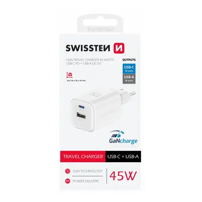 Adaptér Swissten s funkcí rychlonabíjení 45W Dual bílý