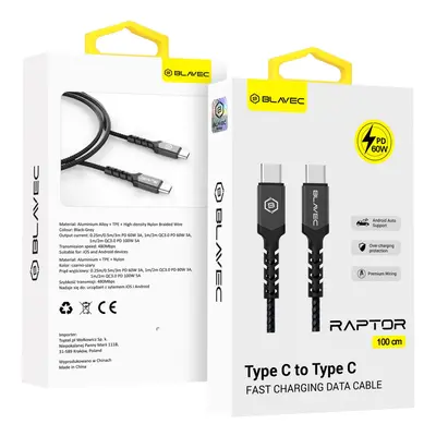 Datový kabel Blavec Raptor Braided - typ C na typ C - PD 60W 3A 1m (CRA-CC3BG10) černo-šedý