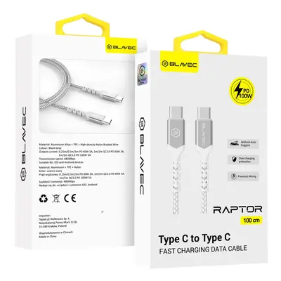 Datový kabel Blavec Raptor Braided - typ C na typ C - PD 100W 5A 1m (CRA-CC5WS10) bílo-stříbrný