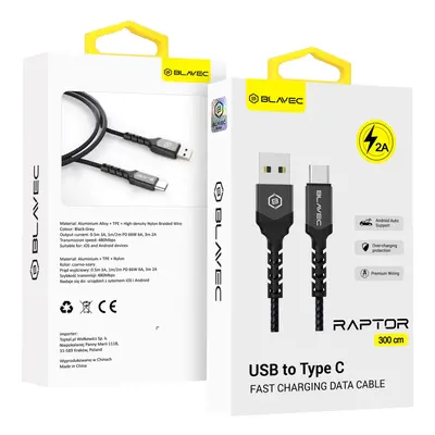 Datový kabel Blavec Raptor Braided - USB na typ C - 2A 3m (CRA-UC2BG30) černo-šedý