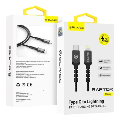 Datový kabel Blavec Raptor Braided - Type C to Lightning - PD 20W 2,4A 0,25m (CRA-CL24BG025) čer