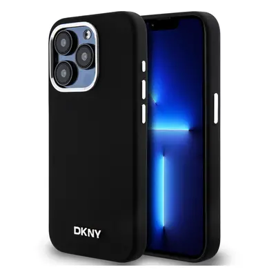 Zadní Kryt DKNY Liquid Silicone Silver Metal Logo Magsafe pro iPhone 15 Pro černý