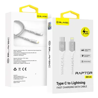 Datový kabel Blavec Raptor Braided - Type C to Lightning - PD 20W 2,4A 3m (CRA-CL24WS30) bílo-st