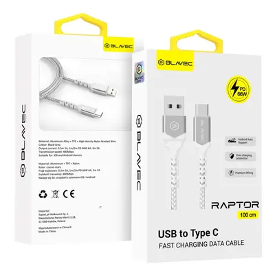 Datový kabel Blavec Raptor Braided - USB na typ C - PD 66W 6A 1m (CRA-UC6WS10) bílo-stříbrný