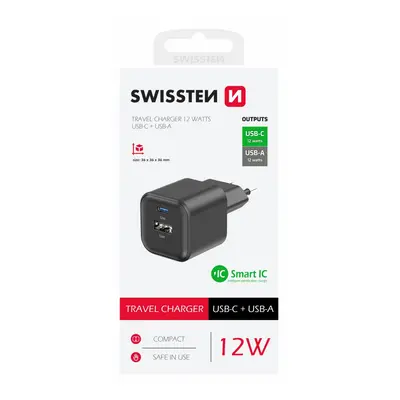 Adaptér Swissten 12W USB-A, USB-C černý