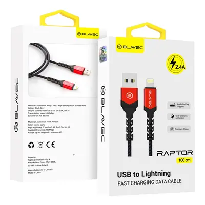 Datový kabel Blavec Raptor Braided - USB na Lightning - 2,4A 1m (CRA-UL24BR10) černo-červený